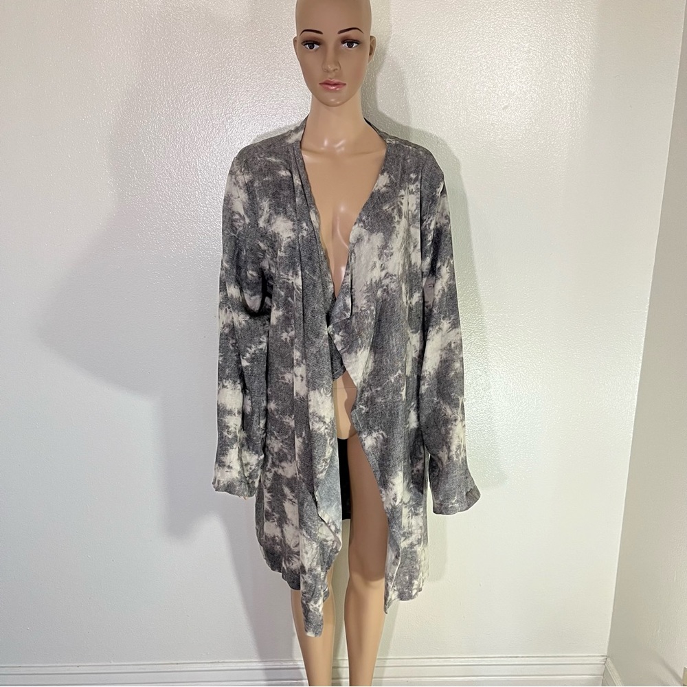 Bryn Walker Gray Laggenlook Long Linen Open Jacket USA XL.